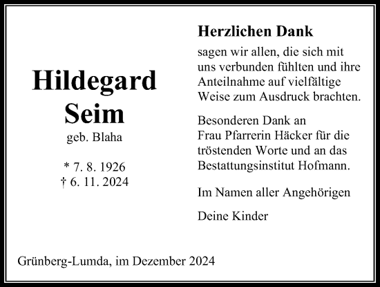 Traueranzeige von Hildegard Seim von Giessener Allgemeine, Alsfelder Allgemeine