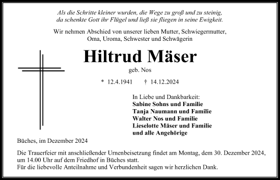Traueranzeige von Hiltrud Mäser von Kreis-Anzeiger