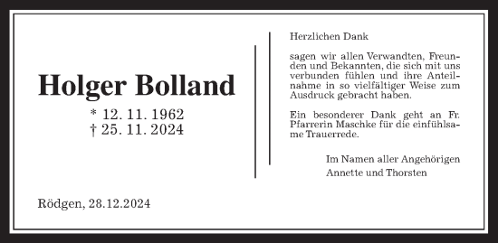 Traueranzeige von Holger Bolland von Giessener Allgemeine, Alsfelder Allgemeine, Giessener Anzeiger