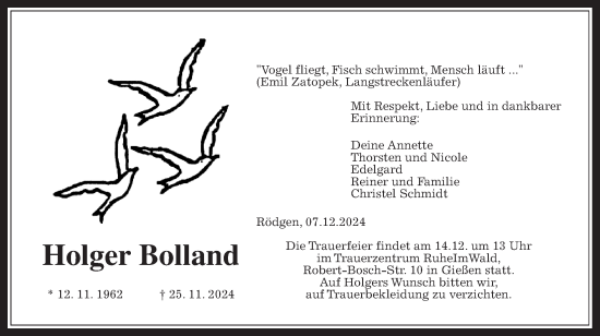 Traueranzeige von Holger Bolland von Giessener Allgemeine, Alsfelder Allgemeine, Giessener Anzeiger