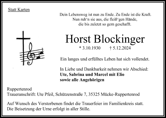 Traueranzeige von Horst Blockinger 