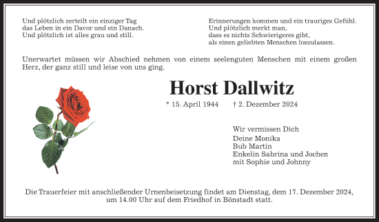 Traueranzeige von Horst Dallwitz von Wetterauer Zeitung