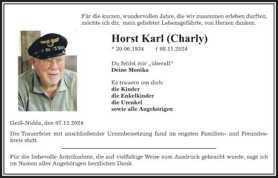 Traueranzeige von Horst Karl von Wetterauer Zeitung