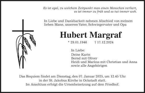 Traueranzeige von Hubert Margraf von Wetterauer Zeitung, Wetterauer Zeitung