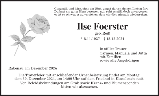 Traueranzeige von Ilse Foerster von Giessener Anzeiger