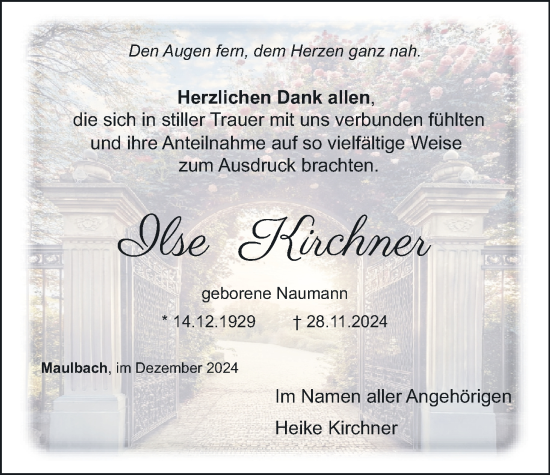 Traueranzeige von Ilse Kirchner von Oberhessische Zeitung