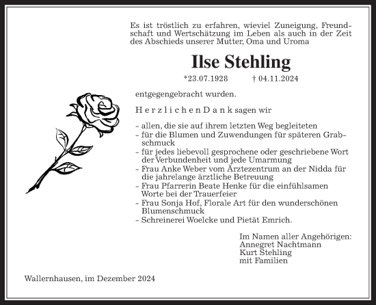 Traueranzeige von Ilse Stehling von Kreis-Anzeiger