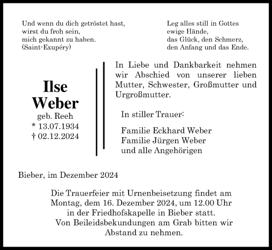 Traueranzeige von Ilse Weber von Giessener Anzeiger