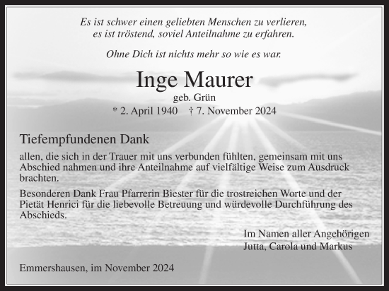 Traueranzeige von Inge Maurer von Usinger Anzeigenblatt