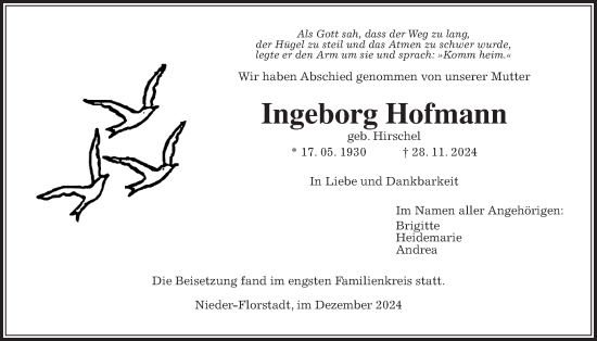 Traueranzeige von Ingeborg Hofmann von Wetterauer Zeitung