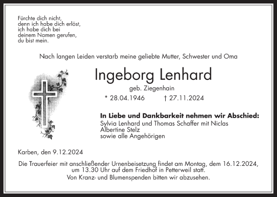 Traueranzeige von Ingeborg Lenhard von Wetterauer Zeitung