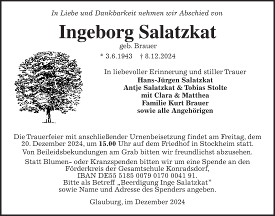 Traueranzeige von Ingeborg Salatzkat von Kreis-Anzeiger