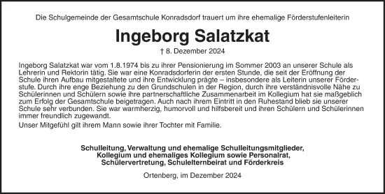 Traueranzeige von Ingeborg Salatzkat von Kreis-Anzeiger