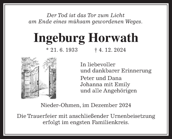 Traueranzeige von Ingeburg Horwath von Mücker Stimme