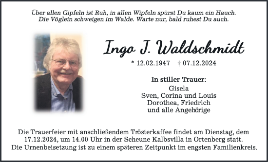 Traueranzeige von Ingo J. Waldschmidt von Kreis-Anzeiger, Wetterauer Zeitung