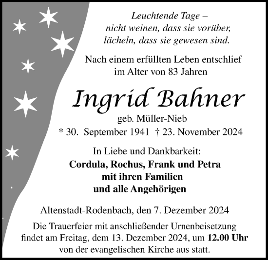 Traueranzeige von Ingrid Bahner von Kreis-Anzeiger