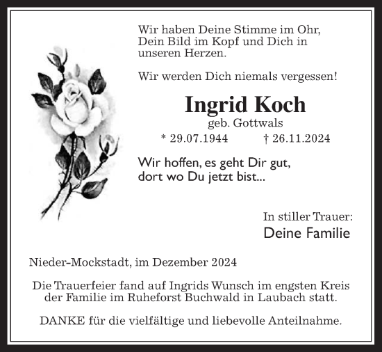 Traueranzeige von Ingrid Koch von Kreis-Anzeiger