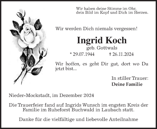 Traueranzeige von Ingrid Koch von Wetterauer Zeitung