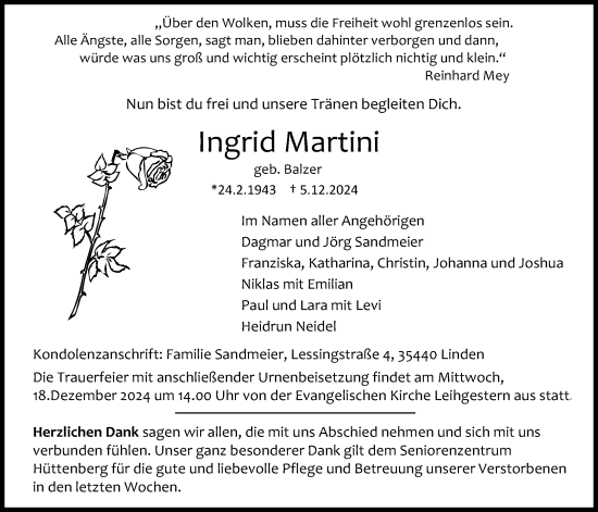 Traueranzeige von Ingrid Martini von Giessener Anzeiger, Giessener Allgemeine, Alsfelder Allgemeine