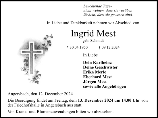 Traueranzeige von Ingrid Mest von Lauterbacher Anzeiger