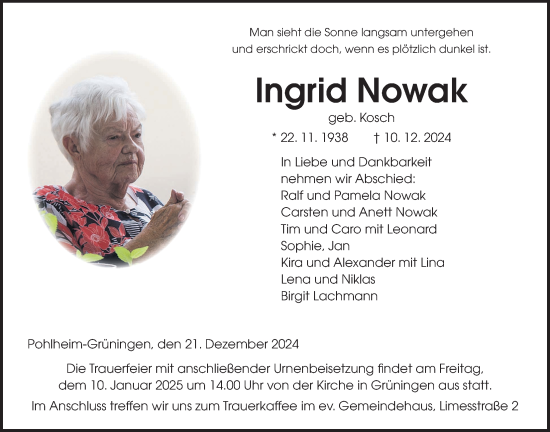 Traueranzeige von Ingrid Nowak von Giessener Allgemeine, Alsfelder Allgemeine, Giessener Anzeiger, Giessener Allgemeine, Alsfelder Allgemeine, Giessener Anzeiger