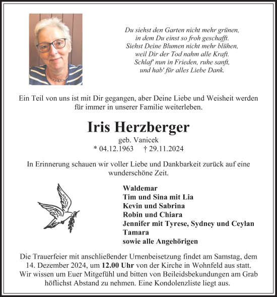 Traueranzeige von Iris Herzberger von Giessener Allgemeine, Alsfelder Allgemeine