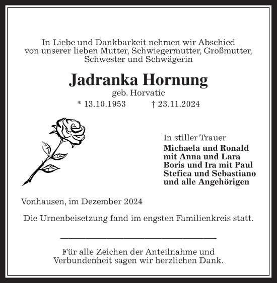 Traueranzeige von Jadranka Hornung von Kreis-Anzeiger