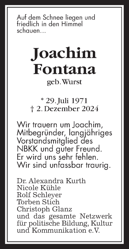 Traueranzeige von Joachim Fontana von Giessener Allgemeine, Alsfelder Allgemeine, Giessener Anzeiger, Giessener Allgemeine, Alsfelder Allgemeine, Giessener Anzeiger