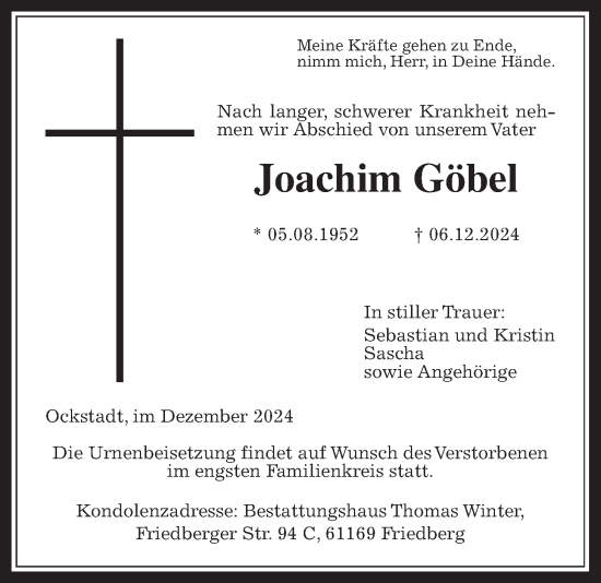 Traueranzeige von Joachim Göbel von Wetterauer Zeitung