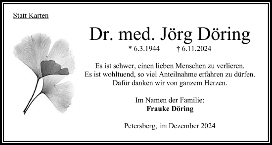 Traueranzeige von Jörg Döring von Oberhessische Zeitung