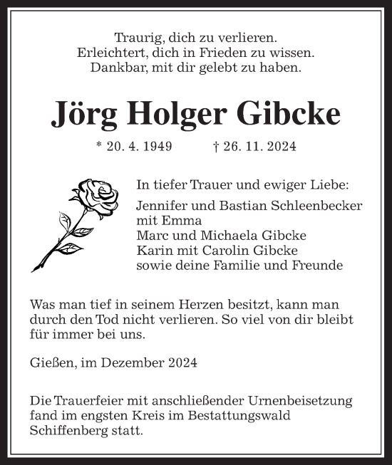 Traueranzeige von Jörg Holger Gibcke von Giessener Anzeiger, Giessener Allgemeine, Alsfelder Allgemeine