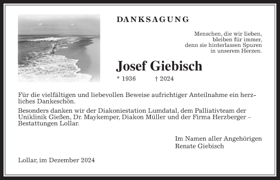 Traueranzeige von Josef Giebisch von Giessener Allgemeine, Alsfelder Allgemeine