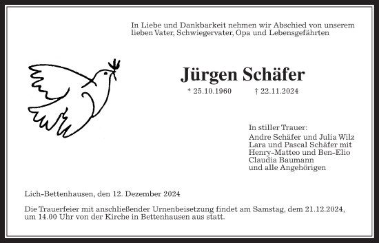 Traueranzeige von Jürgen Schäfer von Licher Wochenblatt