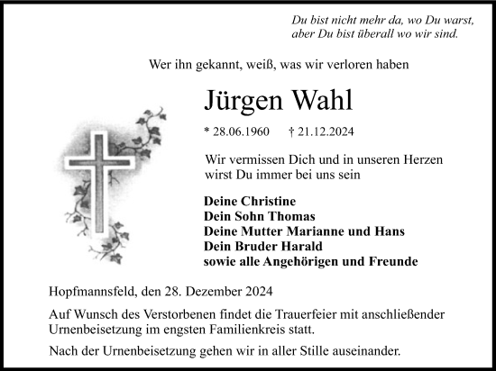 Traueranzeige von Jürgen Wahl von Lauterbacher Anzeiger