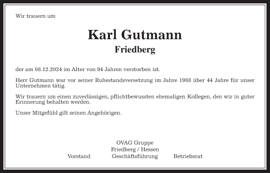 Traueranzeige von Karl Gutmann von Wetterauer Zeitung