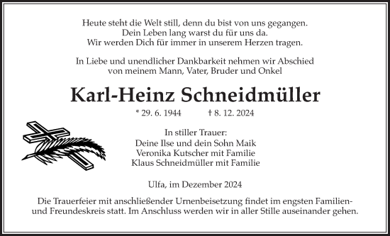 Traueranzeige von Karl-Heinz Schneidmüller von Kreis-Anzeiger