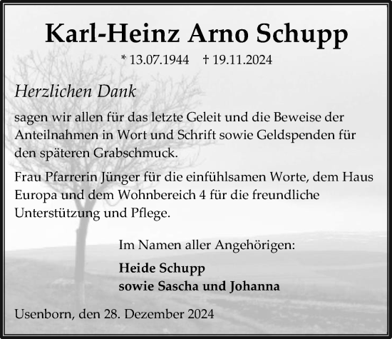 Traueranzeige von Karl-Heinz Arno Schupp von Kreis-Anzeiger