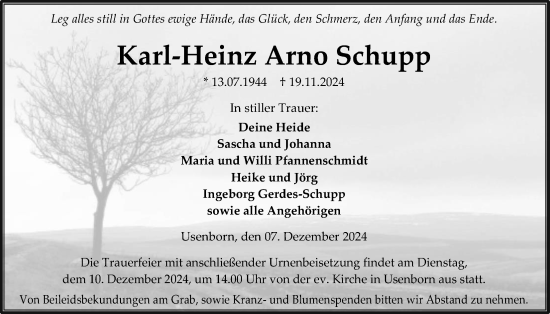 Traueranzeige von Karl-Heinz Arno Schupp von Kreis-Anzeiger