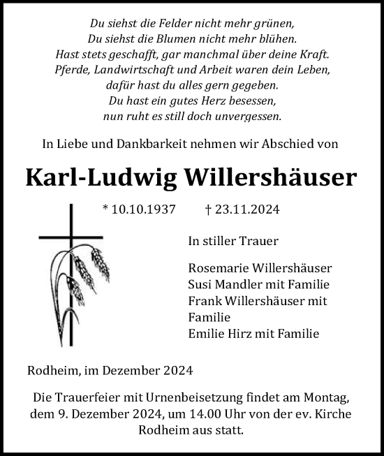 Traueranzeige von Karl-Ludwig Willershäuser von Giessener Allgemeine, Alsfelder Allgemeine, Giessener Anzeiger