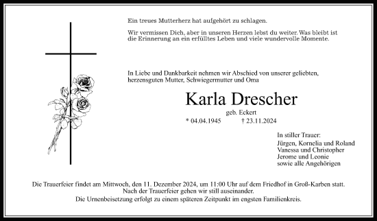 Traueranzeige von Karla Drescher von Wetterauer Zeitung