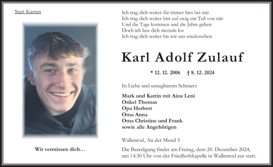 Traueranzeige von Karl Adolf Zulauf von Lauterbacher Anzeiger, Oberhessische Zeitung