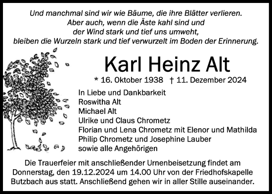 Traueranzeige von Karl Heinz Alt von Butzbacher Zeitung