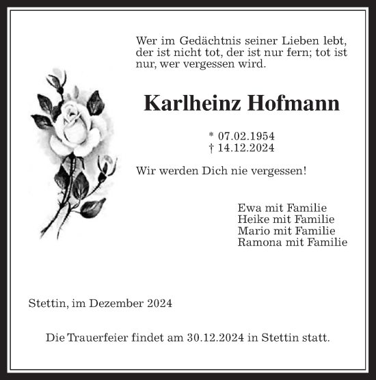 Traueranzeige von Karlheinz Hofmann von Wetterauer Zeitung, Wetterauer Zeitung