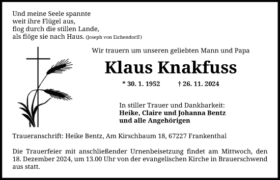 Traueranzeige von Klaus Knakfuss von Oberhessische Zeitung