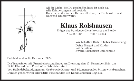 Traueranzeige von Klaus Rolshausen von Giessener Anzeiger, Giessener Allgemeine, Alsfelder Allgemeine