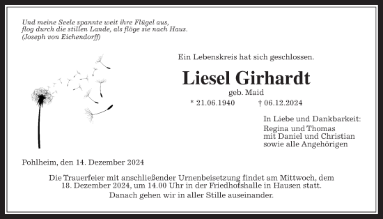 Traueranzeige von Liesel Girhardt von Giessener Anzeiger, Giessener Allgemeine, Alsfelder Allgemeine