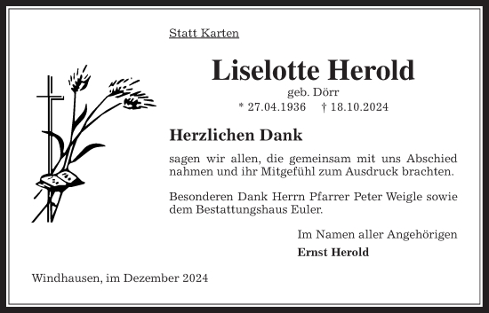 Traueranzeige von Liselotte Herold von Oberhessische Zeitung