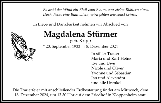 Traueranzeige von Magdalena Stürmer von Bad Vilbel/Karben