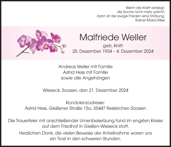 Traueranzeige von Malfriede Weller von Giessener Allgemeine, Alsfelder Allgemeine, Giessener Anzeiger, Giessener Allgemeine, Alsfelder Allgemeine, Giessener Anzeiger