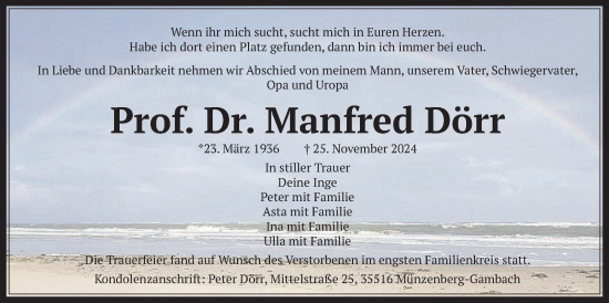 Traueranzeige von Manfred Dörr von Giessener Allgemeine, Alsfelder Allgemeine, Giessener Anzeiger, Butzbacher Zeitung